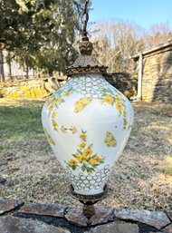 A Large, Vintage Hand Painted Milk Glass And Bronze Chandelier