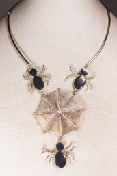 Vintage Mexican Alpaca Silver Spider And Spiderweb Necklace