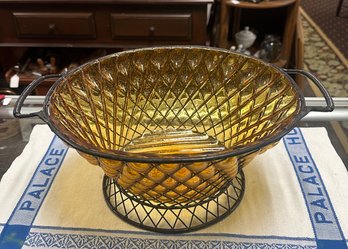 Vintage Hand Blown Caged Amber Glass Diamond Weave Wrought Iron Basket. RC - A4