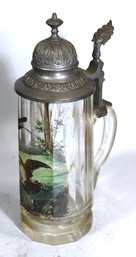 Antique German Cut Glass Hand Painted Stein Pewter Lid