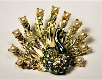 Vintage Gold Tone Rhinestone Peacock Brooch