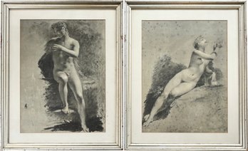 A Pair Of 19th Century Chiaroscuro Illustrations - Nude Classical Statuary, Likely Student Work