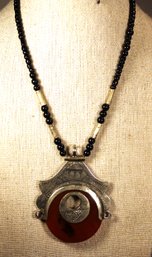 Vintage Silver Necklace Having Carnelian Stone Pendant Ethnographic