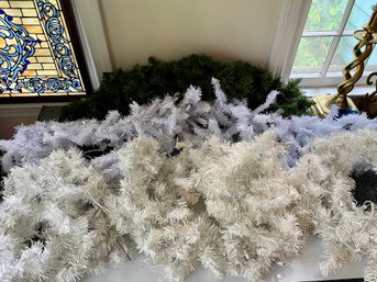 Large Lengths Of Garland In 3 Colors, Bright White, Off White & Green. White Garlands Include String Lights.