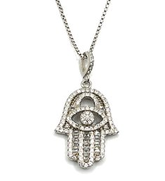 Beautiful Italian Sterling Silver Chain With Clear Stones Hamsa Evil Eye Pendant