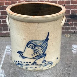 Fantastic Antique 4 Gallon Stoneware Crock With Pecking Chicken - Cobalt Blue Decoration - Beautiful Crock