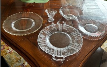 Collection Of 5 Vintage Candlewick Glass Serving Plates, Bowl & An Etched Creamer   DR