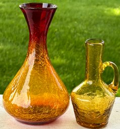 Vintage Lot Of 2 Crackle Glass Vases - Yellow With Handle 5.5' H Ambarina Vase 7' H No Issues