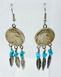 VINTAGE INDIAN HEAD BUFFALO NICKLE TURQUOISE FEATHER DANGLE EARRINGS