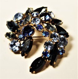 Vintage Blue Rhinestone Brooch Gold Tone 1960s