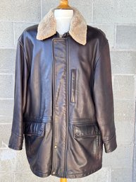 Marc New York By Andrew Marc Men's Brown Leather Coat With Inner Drawstring, Cotton Collar & Many Pockets