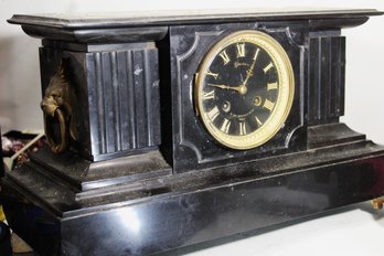 Antique French Heavy Solid Marble Mantle Clock By Leblois