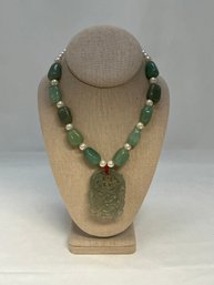 Jade Look Choker Necklace With Stone Beads & Faux Pearls