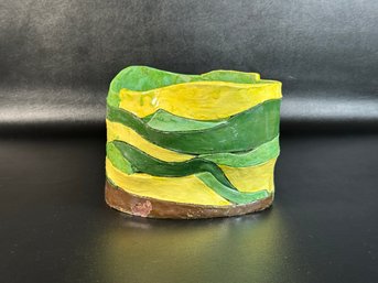 A Vintage Handcrafted Pottery Cachepot In Green & Yellow