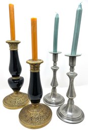 2 Pairs Large Candle Sticks: Brass With Black Glass & Pewter