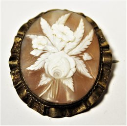 Victorian Han Carved Shell Cameo Brooch In Gold Fill Of A Floral Bouquet