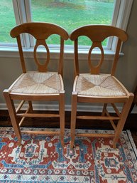 Rustic 2 Wooden Stool Lot With Rush Style Seats