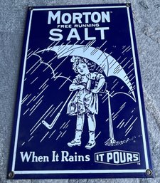 Vintage ANDY ROONEY Morton's Salt Heavy Porcelain Advertising Sign