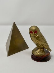 Vintage Brass Pyramid Paperweight Together With A Brass Owl Figurine On Wooden Base