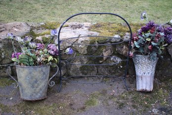 Pair Of Tin Flower Urns With Faux Flowers And Metal Rack