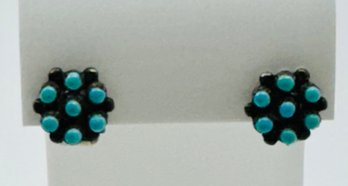 VINTAGE ZUNI NATIVE AMERICAN TURQUOISE STERLING SILVER CLIP-ON EARRINGS