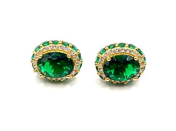 Sterling Silver Vermeil Emerald Color And Clear Stones Stud Earrings