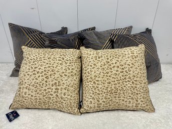 Collection Of Six Decorative Throw Pillows - Four Slate Blue And Gold & Two Wheat Colored Cheetah Print