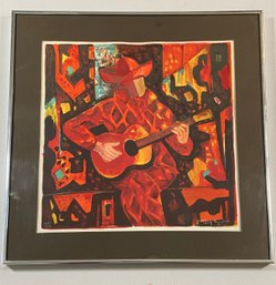 Guitar Player Original Colored Lithograph Signed Tony Agostini Numbered 220/275 20x20 Matted Framed