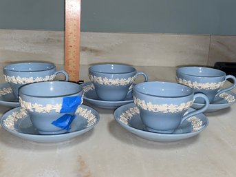 Set Of 5 Wedgwood Of Etruria & Barlaston Embossed Queens Ware Blue And White Cups And Saucers