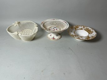 A DRESDEN FOOTED BASKET AND TWO OTHER PIECES PORCELAIN