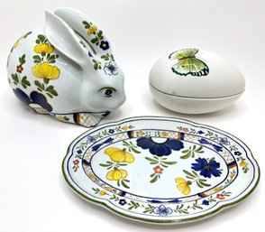 Vintage Este Ceramiche Porcelain Rabbit Figurine, Small Platter & Covered Egg Bowl, Italy