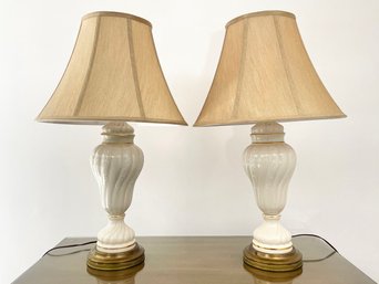 A Pair Of Brass And Porcelain Lamps With Gilt Trim, IN Style Of Lenox