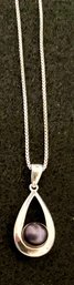 Vintage 925 Sterling Silver 1 Inch L Teardrop Necklace - Black Pearl Pendant - 18 Inch Long Box Link Chain