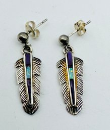 BEAUTIFUL STERLING SILVER PURPLE BLACK AND OPAL STONE INLAID FEATHER DANGLE EARRINGS