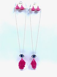Pair Of Bello New Old Stock Pink Fringe Evil Eye Necklace & Earring Set