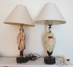 Pair Of Asian Chalkware Table Lamps