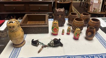 Huge Wood Lot - Red Old Briar Wood Pipes, Owl, Nesting Dolls, Wood Dresser Box, Hand Carved Tiki Cups  PD - E5