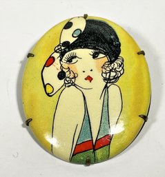 Art Deco 1920s 1930s Reverse Painted Glass Flapper Girl Brooch On Brass Frame