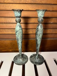 Pair Of Verdigris Bronze Candlesticks