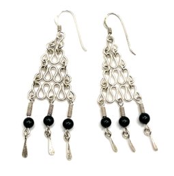 Sterling Silver Fringe Onyx Color Beaded Dangle Earrings