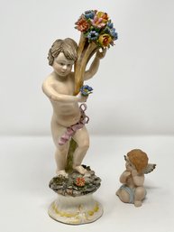 Capodimonte Porcelain Cherub Polychrome Figurine Together With A Miniature Putti Figurine