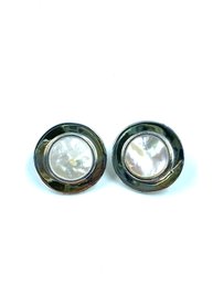 Silvertone Button Earrings With Pearlescent Inlay