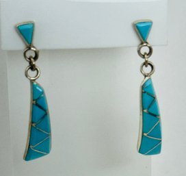 BEAUTIFUL SIGNED ZUNI NATIVE AMERICAN STERLING SILVER INLAID TURQUOISE DANGLE EARRINGS