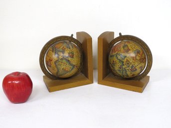 A Vintage Pair Of Italian Made Old World Rotating Globe Bookends In Wood, Very Detailed