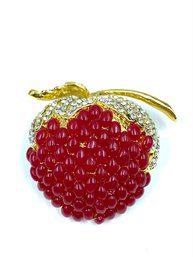 Huge Gold Tone Beaded Strawberry Brooch