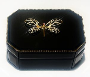 Eye Catching Black Acrylic Jewelry Box With Sparkling Dragonfly Detail-NOS