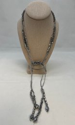 Double Strand Lariat Chrome Tassel Necklace - Beaded  40' Long