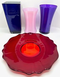 Large Colored Glass Platter & 3 Colored Glass Vases