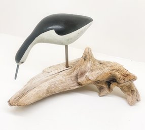 Vintage Hand Carved Sandpiper Model On Driftwood