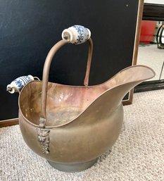 Antique Dutch Copper Coal Scuttle With Blue And White Handle